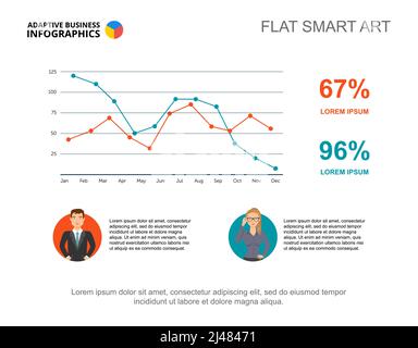 Infografiche aziendali con grafici a linee e icone per gli uomini d'affari. Modello di presentazione modificabile, flat smart art. Per impiego, parità di genere, Illustrazione Vettoriale