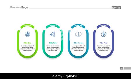 Modello grafico del processo di progetto in quattro fasi per la presentazione. Illustrazione vettoriale. Elementi astratti di diagramma, grafico, infografica. Flusso di lavoro, piano, busin Illustrazione Vettoriale