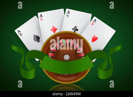 Roulette Casino, quattro assi e nastro verde. Casino business pubblicità design. Per poster, banner, opuscoli e brochure. Illustrazione Vettoriale