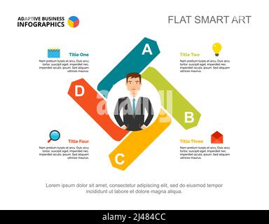 Modello grafico del processo di pianificazione in quattro fasi per la presentazione. Visualizzazione dei dati aziendali. Flusso di lavoro, idea, formazione o marketing concetto creativo per infog Illustrazione Vettoriale