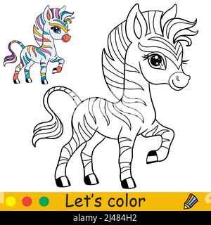 Cartoon carino felice rainbow zebra. Colorare la pagina del libro con il modello colorato per i bambini. Illustrazione isolata dal vettore. Per colorare libri, stampe, giochi, pa Illustrazione Vettoriale