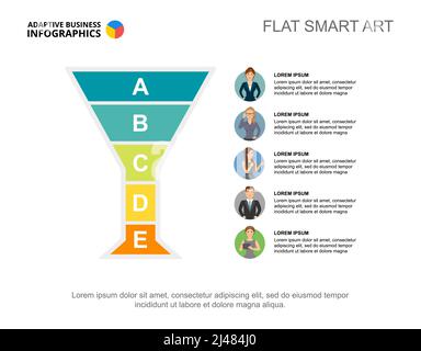 Diapositiva di presentazione con grafico gerarchico e icone di caratteri. Modello modificabile, flat smart art. Dati aziendali per risorse umane, carriera, impiego Illustrazione Vettoriale