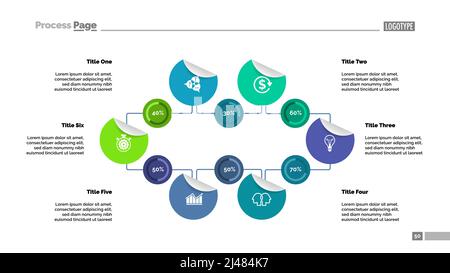 Modello grafico percentuale a sei opzioni per la presentazione. Dati aziendali. Elementi di diagramma, grafico. Sviluppo, progresso, pianificazione, statistiche o ma Illustrazione Vettoriale