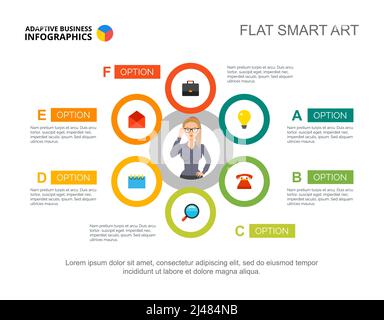 Modello grafico del processo del piano di sei opzioni per la presentazione. Illustrazione vettoriale. Elementi astratti di diagramma, grafico, infografica. Flusso di lavoro, azienda o f Illustrazione Vettoriale