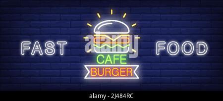 Cartello al neon Burger cafe. Grande hamburger incandescente su pareti di mattoni scuri. Illustrazione vettoriale in stile neon per fast food o snack bar Illustrazione Vettoriale