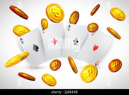 Quattro assi e monete d'oro volanti. Casino business pubblicità design. Per poster, banner, opuscoli e brochure. Illustrazione Vettoriale