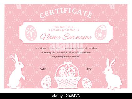 Certificato di Pasqua. Bunny e uova di Pasqua su sfondo rosa. Bianco di Pasqua. Illustrazione vettoriale Illustrazione Vettoriale