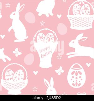 Pasqua coniglietto uova rosa senza cuciture modello. Cestino con uova. Illustrazione vettoriale. Illustrazione Vettoriale