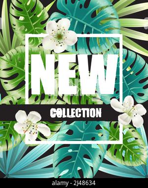 Nuova collezione verde poster design con fiori e foglie tropicali sullo sfondo. Il testo nella cornice può essere utilizzato per brochure, etichette, striscioni. Illustrazione Vettoriale