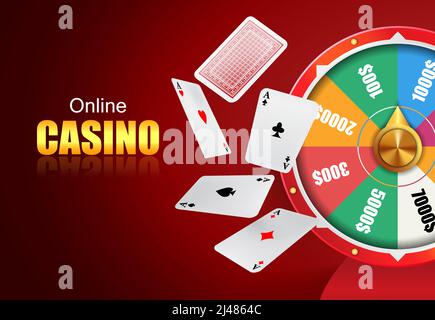 Online casino lettere, ruota di fortuna e volare carte da gioco. Casino business pubblicità design. Per poster, banner, opuscoli e brochure. Illustrazione Vettoriale