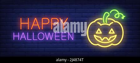 Felice banner in stile neon di Halloween con lanterna Jack o su muro di mattoni. Luminoso cartello da parete al neon. Può essere utilizzato per inviti, poster, biglietti di auguri Illustrazione Vettoriale