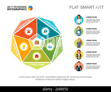 Modello grafico di processo con cinque punti per la presentazione. Dati aziendali. Elementi astratti di diagramma, grafico. Investimento, finanza, marketing o team Illustrazione Vettoriale