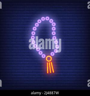 Cartello al neon Rosary. Perle islamiche per pregare. Pubblicità notturna brillante. Illustrazione vettoriale in stile neon per celebrazione religiosa o prac spirituale Illustrazione Vettoriale