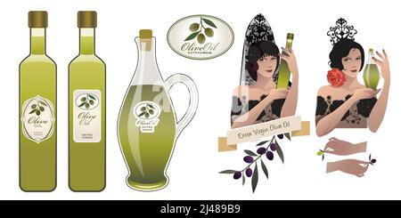 Donna spagnola vestita con abiti tipici che contiene bottiglie di olio d'oliva. Bottiglie, rami di olive ed etichette. Illustrazione Vettoriale