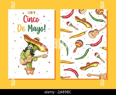 Poster Cinco de mayo. Festa messicana, messico latino fiesta invito decorativo. Peperoncino spagnolo, teschi fiori festival vettoriale carte design Illustrazione Vettoriale