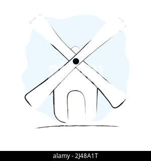 Icona del mulino disegnata a mano in vettore. Icona mulino Doodle in vettore. Doodle vettoriale di vecchio mulino Illustrazione Vettoriale