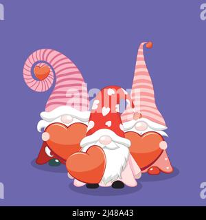 Cartoon tre gnomes di San Valentino con illustrazione di cuori rossi. Illustrazione Vettoriale