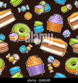 Vector Dessert Seamless Pattern, ripetizione sfondo con set di illustrazioni ritagliate diversi dessert, fetta di torta crema, ciambella glassante verde, tazza Illustrazione Vettoriale