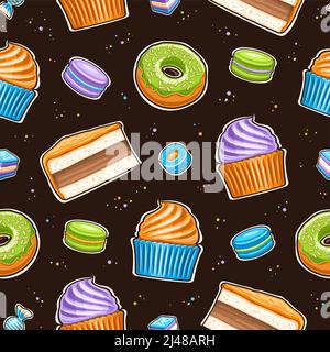 Vector Pastry Seamless Pattern, ripetizione dello sfondo con set di illustrazioni ritagliate pasticceria diversa, fetta di torta di crema, ciambella glassante verde, tazza Illustrazione Vettoriale