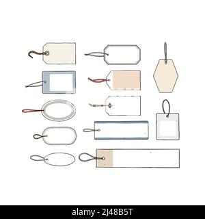 Illustrazione vettoriale disegnata a mano dell'etichetta di carta bianca su sfondo bianco. Targhetta bagagli. Vendita di tag con stringhe. Etichetta appesa. Foto Stock