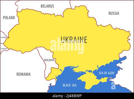 Ucraina. Mappa del territorio dello Stato ucraino con l'immagine degli stati confinanti e dei mari che lavano i confini meridionali. Grafica piatta ve Illustrazione Vettoriale