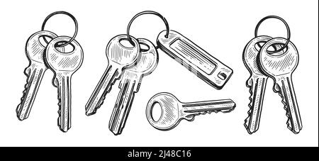 Gruppo di tasti disegnati in stile di schizzo. Affittare o comprare concetto di bene immobile. Illustrazione vettoriale Illustrazione Vettoriale