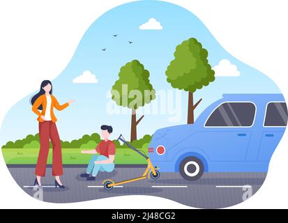 Incidente auto sfondo Illustrazione con due auto che urtano o colpiscono qualcosa sulla strada causando danni in stile Cartoon Flat Illustrazione Vettoriale