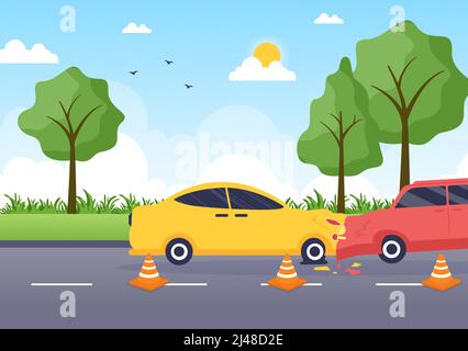 Incidente auto sfondo Illustrazione con due auto che urtano o colpiscono qualcosa sulla strada causando danni in stile Cartoon Flat Illustrazione Vettoriale