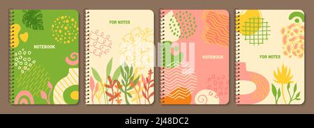 Copertina trendy e set di forme organiche astratte. Elemento di disegno floreale botanico per pianificatore di taccuino, opuscolo, libro, catalogo. Decorativo pagina sfondo esotico foglia fiore, disegnata a mano scricbble vettore Illustrazione Vettoriale