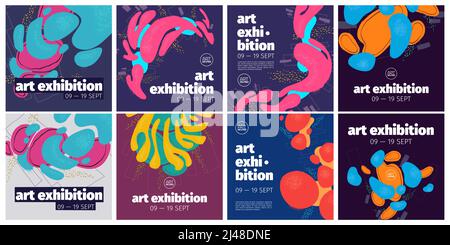 Banner espositivi per centri d'arte con sfondo astratto con forme fluide disegnate a mano e texture grunge. Poster vettoriali di galleria moderna con disegno creativo Illustrazione Vettoriale