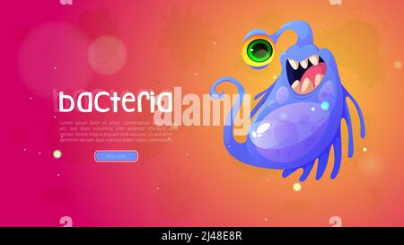 Batteri cartoon web banner, cute one-eyed virus cellula o germe carattere. Mostro patogeno sorridente, microrganismo con faccia felice divertente, microbo toothy con corpo viola, coda lunga illustrazione vettoriale Illustrazione Vettoriale