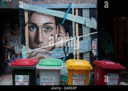 Street art murale giustapposto con bidoni dei rifiuti urbani (rifiuti), codificati a colori per il riciclaggio, in AC/DC Lane, Melbourne, Australia Foto Stock