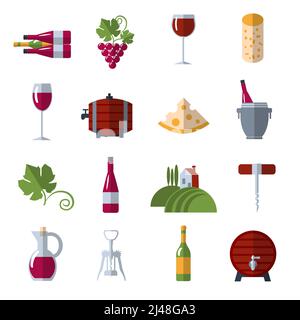 Produzione viticola e consumo icone piatte con magazzino barili e uva vettore astratto illustrazione isolata Illustrazione Vettoriale