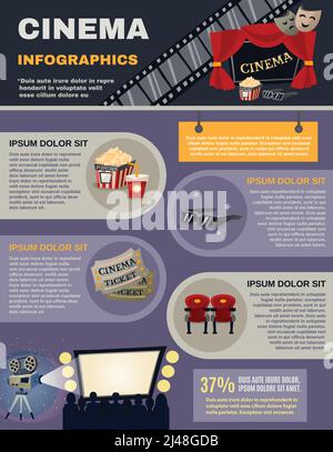 Set di infografiche cinematografiche con simboli di film e film, illustrazione vettoriale Illustrazione Vettoriale