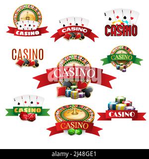 Casinò con carte roulette chip e dadi emblemi set realistico illustrazione vettoriale con ombreggiatura isolata Illustrazione Vettoriale