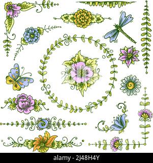 Set di bozzetti colorati con elementi decorativi floreali d'epoca con fiori e farfalle isolato vettore illustrazione Illustrazione Vettoriale