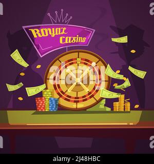 Casinò reale con soldi roulette chips e due giocatori retrò illustrazione vettoriale piatta cartoon Illustrazione Vettoriale