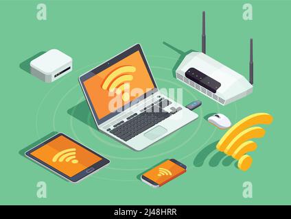 Poster isometrico dei dispositivi con tecnologia wireless con router per smartphone per stampanti portatili e l'illustrazione del simbolo della connessione internet wi-fi Illustrazione Vettoriale