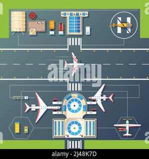 Vista aerea dall'alto delle piste aeroportuali atterrano edifici e strutture con aerei e elicottero vettore illustrazione Illustrazione Vettoriale