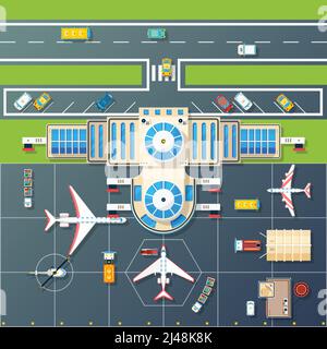 Costruzione dell'aeroporto e area di parcheggio per aerei ed elicotteri con illustrazione vettoriale astratta della vista dall'alto dell'autostrada Illustrazione Vettoriale