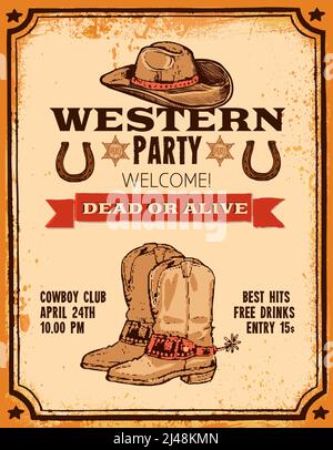 Pubblicità della parte occidentale con cappello due stivali da cowboy pistole e l'illustrazione vettoriale del poster disegnata a mano del titolo Illustrazione Vettoriale