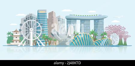 Vista panoramica dello skyline di Singapore con moderni grattacieli del quartiere centrale degli affari e storico tempio costruzione astratta illustrazione vettoriale Illustrazione Vettoriale