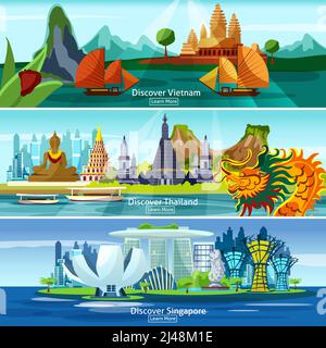 Banner di viaggio asiatici insieme con Vietnam, Thailandia e Singapore panorama isolato vettore illustrazione Illustrazione Vettoriale