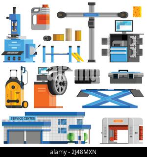 Set di icone decorative piatte per la manutenzione automatica con attrezzatura per la riparazione diagnostica del computer e ispezione tecnica illustrazione vettoriale isolata Illustrazione Vettoriale