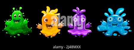 Collezione Slime Monsters personaggi colorati con glitter. Liquido divertente alieni slimy. Illustrazione vettoriale Illustrazione Vettoriale