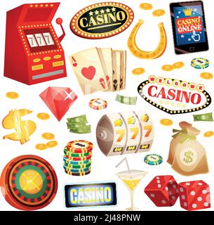 Icone decorative del casinò insieme con soldi a ferro di cavallo carte roulette chip jackpot dice elementi isometrici illustrazione vettoriale isolata Illustrazione Vettoriale