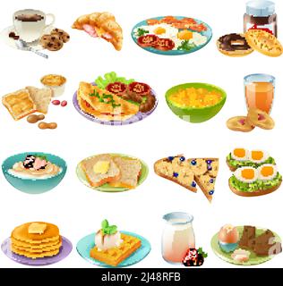 Colazione brunch sano inizio giornata opzioni cibo realistico icone raccolta con caffè e uova fritte illustrazione vettoriale isolata Illustrazione Vettoriale