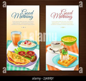 Prima colazione banner verticali con succo di caffè, salsicce, cereali, omelette con cialde di verdure con illustrazione vettoriale isolata di crema Illustrazione Vettoriale