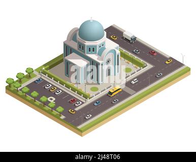 Culto religioso classico e rituali spirituali edificio tempio con parcheggio lotto circondato da strade trafficate, illustrazione vettoriale isometrica Illustrazione Vettoriale