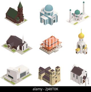 Religioni del mondo edifici icone isometriche insieme con chiesa ortodossa cattolica cattedrale tempio sinagoga moschea isolato vettore illustrazione Illustrazione Vettoriale